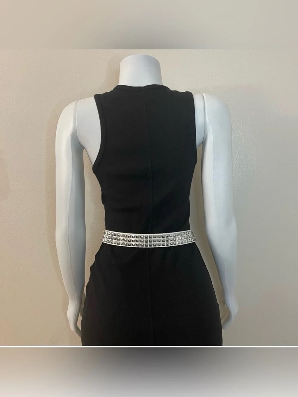 White PU leather silver tone studded belt